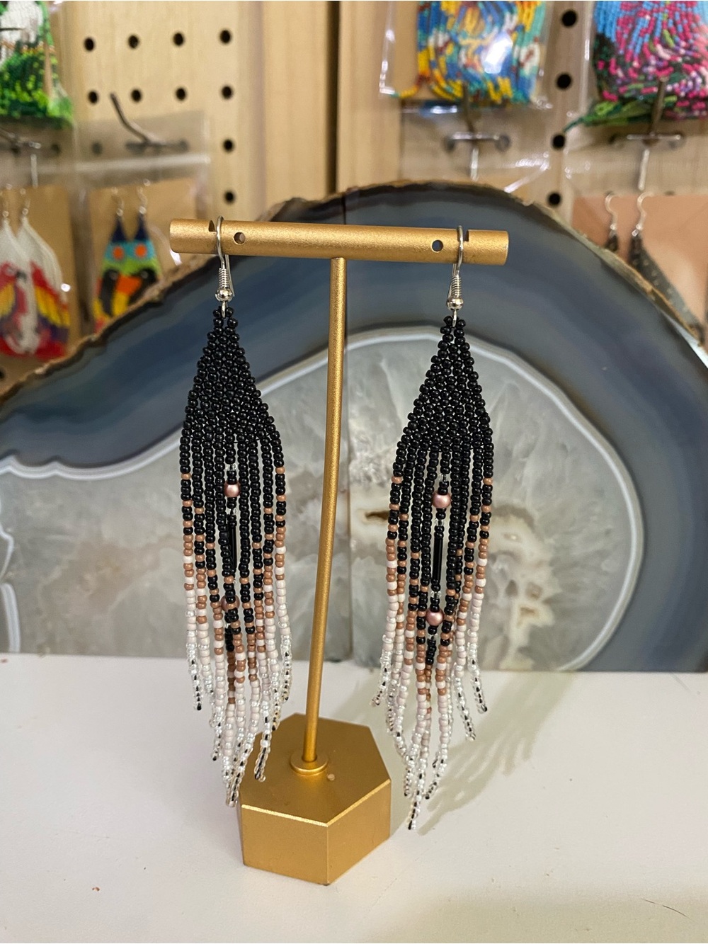 Beaded Fringe Earrings in Black, Rose Gold & White